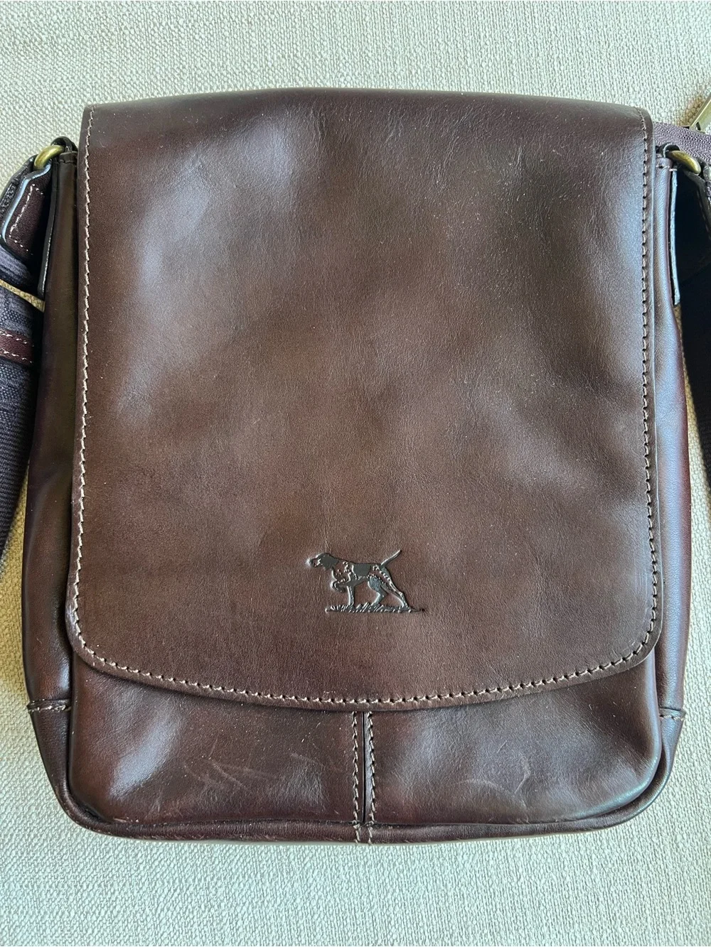 Men's Brown Leather Messenger Bag with Embossed Logo